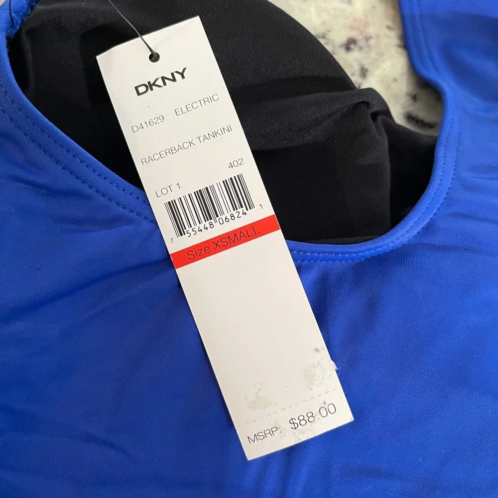 DKNY Racerback Tankini Women XS Blue Pink Striped Colorblock Sporty Swim Top NEW